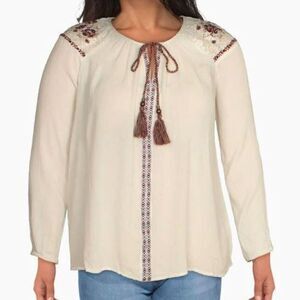Silver Jeans Embroidered Long Sleeve Flowy Peasant Blouse with Tassels Size XL